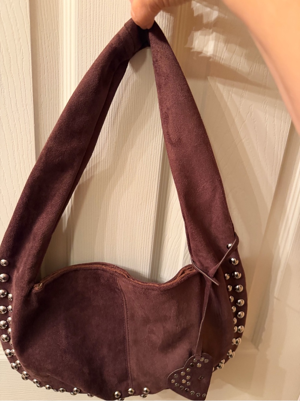 Suede Studded Hobo Bag - Deep Brown